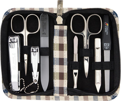 3 Swords Germany - brand quality 8 piece manicure pedicure grooming kit set for professional finger & toe nail care scissors clipper fashion leather case camou in gift box, Made in Germany