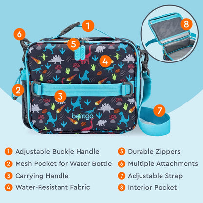 Bentgo® Kids Lunch Bag - Durable, Double Insulated, Water-Resistant Fabric, Interior & Exterior Zippered Pockets, Water Bottle Holder - Ideal for Children 3+ (Shark)