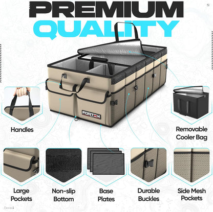 FORTEM Car Trunk Organizer, Collapsible Multi Compartment Car Organizer, Foldable SUV Storage for Car Accessories for Women Men, Non Slip Bottom, Securing Straps, Soft Cover 50L (Black, Standard)
