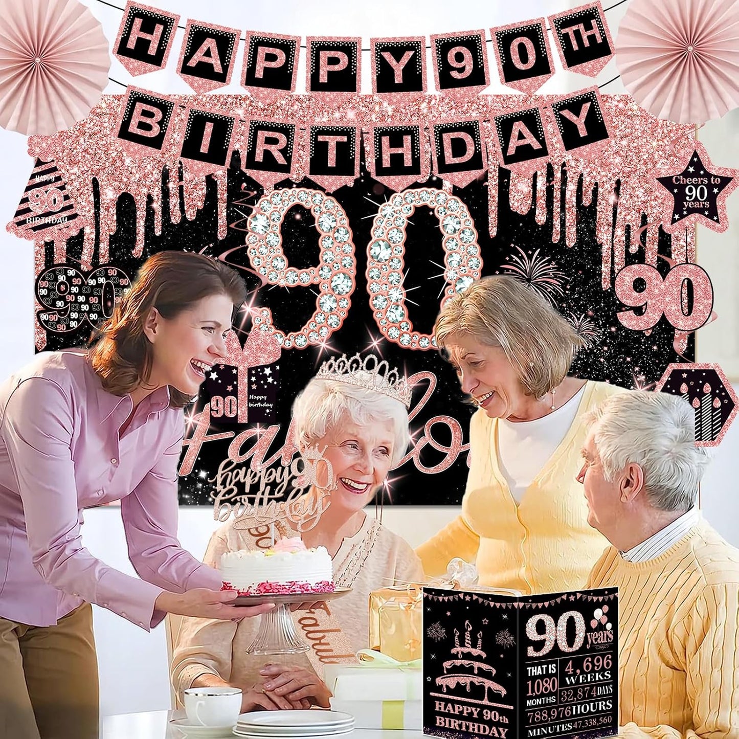 40th Birthday Decorations for Women,32pcs 40th Birthday Party Decorations,Including Backdrop, Crown,Sash,banner, Hanging Swirl,Cake Topper,balloons,Paper Fans,Anniversary Card and paper fans