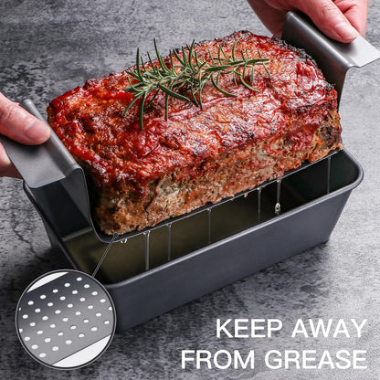 HONGBAKE Meatloaf Pan with Drain Tray, 9 x 5 Inches Loaf Pans with Insert, Nonstick Meat Loaf for Baking, Reduce The Fat and Kick Up The Flavor, Grey