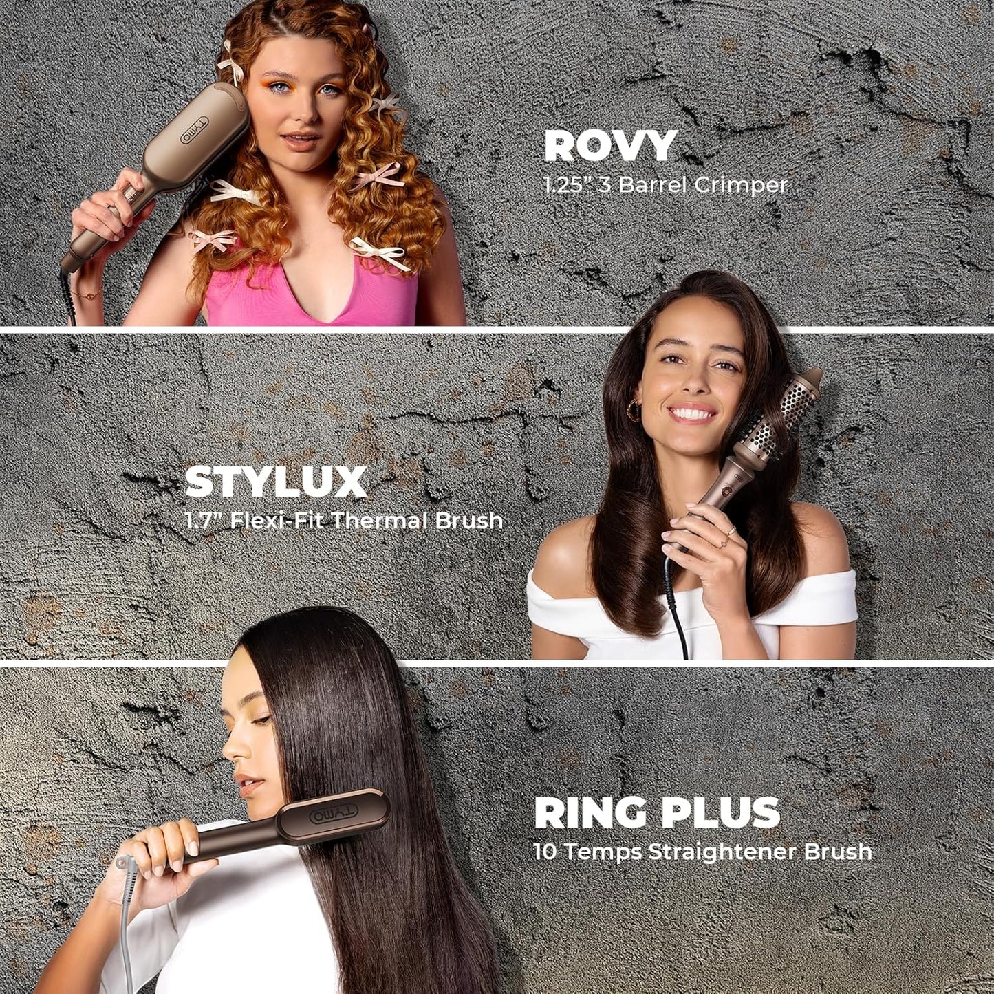TYMO 2025 Limited Edition Styling Set - Include TYMO ROVY Hair Crimper Wave Curling Iron & Ring Plus Straightener Brush & STYLUX Thermal Brush, 3 in 1 Ionic Hair Curler Tool Set for Women