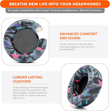 WC Upgraded Replacement Earpads for Corsair Virtuoso RGB Wireless Gaming Headset Made by Wicked Cushions | Improved Durability, Thickness, Softer Leather, and Sound Isolation | (Geo Grey)