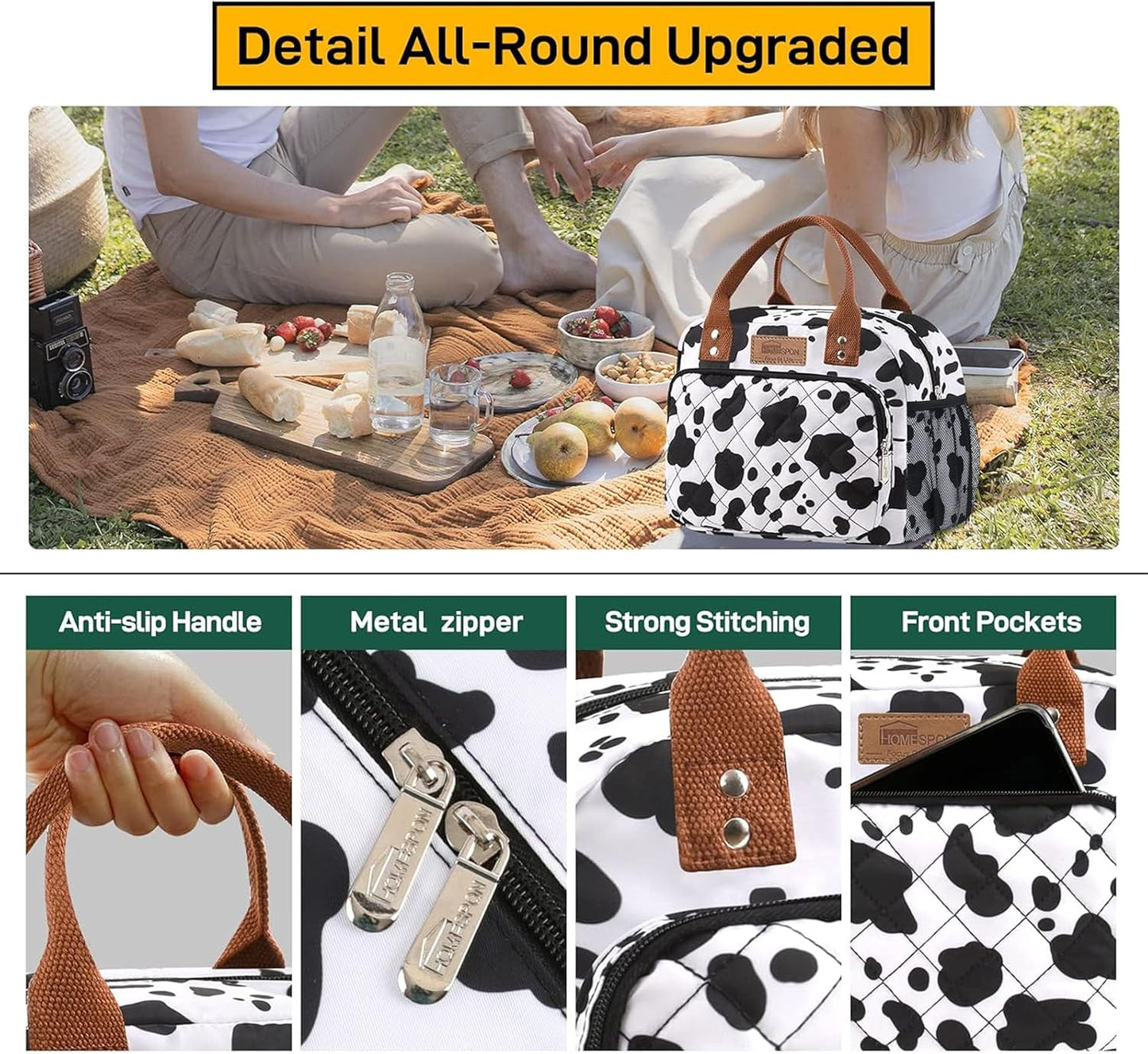 HOMESPON Lunch Bag for Woman Man Adults with Front Pocket Insulated Lunch Tote Lunch Box Container for Work Picnic or Travel(Black)