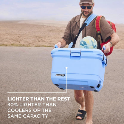 Coleman Pro Heavy-Duty Ultra-Light Premium Hard Cooler, 92/74/36-Can Capacity, Extra-Thick Insulation Keeps Ice up to 5/4/3 Days, 55-Quart Wheeled Cooler or 45/25 qt (No Wheels), Blue Sky