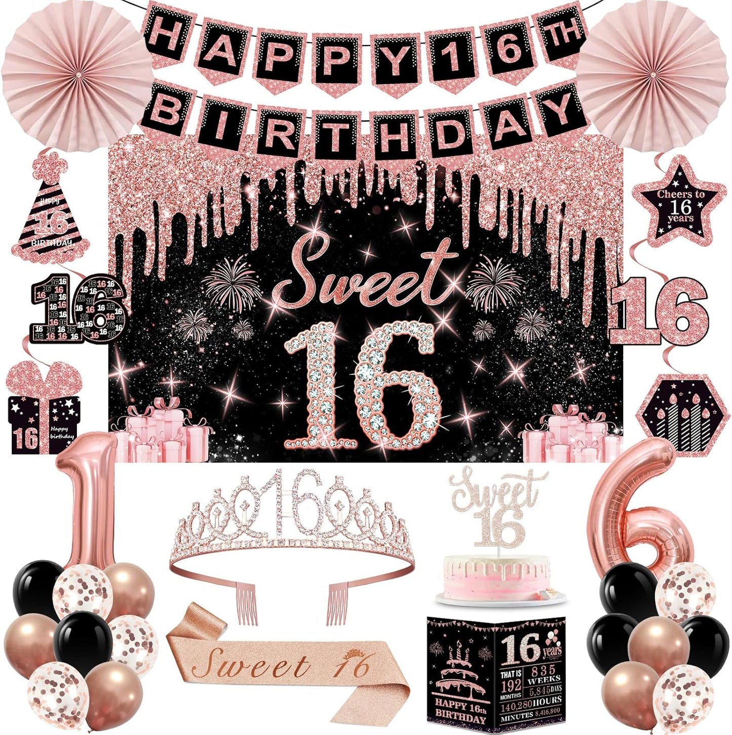 40th Birthday Decorations for Women,32pcs 40th Birthday Party Decorations,Including Backdrop, Crown,Sash,banner, Hanging Swirl,Cake Topper,balloons,Paper Fans,Anniversary Card and paper fans