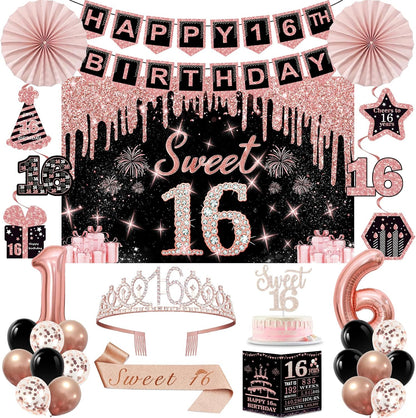 40th Birthday Decorations for Women,32pcs 40th Birthday Party Decorations,Including Backdrop, Crown,Sash,banner, Hanging Swirl,Cake Topper,balloons,Paper Fans,Anniversary Card and paper fans
