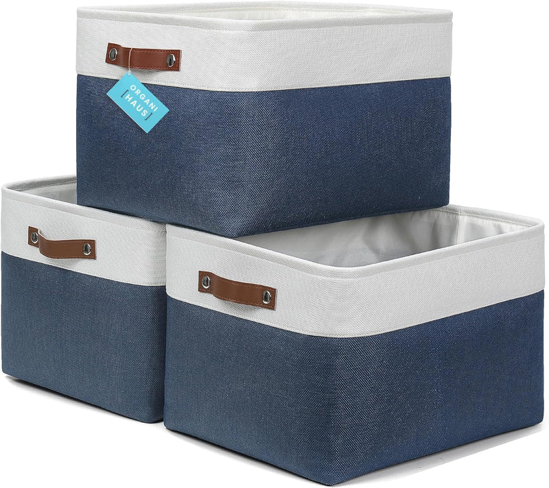 OrganiHaus Large Fabric Storage Baskets for Shelves 3 Pack, 15x11in Closet Storage Bins for Shelves, Cloth Baskets, Fabric Storage Cubes, Linen Closet Organizers, Fabric Basket, White Basket