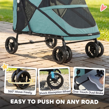 PawHut Dog Stroller for Large Dogs Up to 66 lbs Easy Fold Cart Turquoise | 4-Wheel Shock Absorption, One-Foot Brake, All Terrain Wagon Cart, Air Mesh