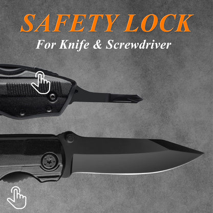 RoverTac Pocket Knife Tactical Folding Knife Multi Tool Survival Camping Knife, Multitool Knife Pliers Bottle & Can Opener 9-Pack Screwdrivers Liner Lock Nylon Sheath, Pocket Knife for Camping Hiking