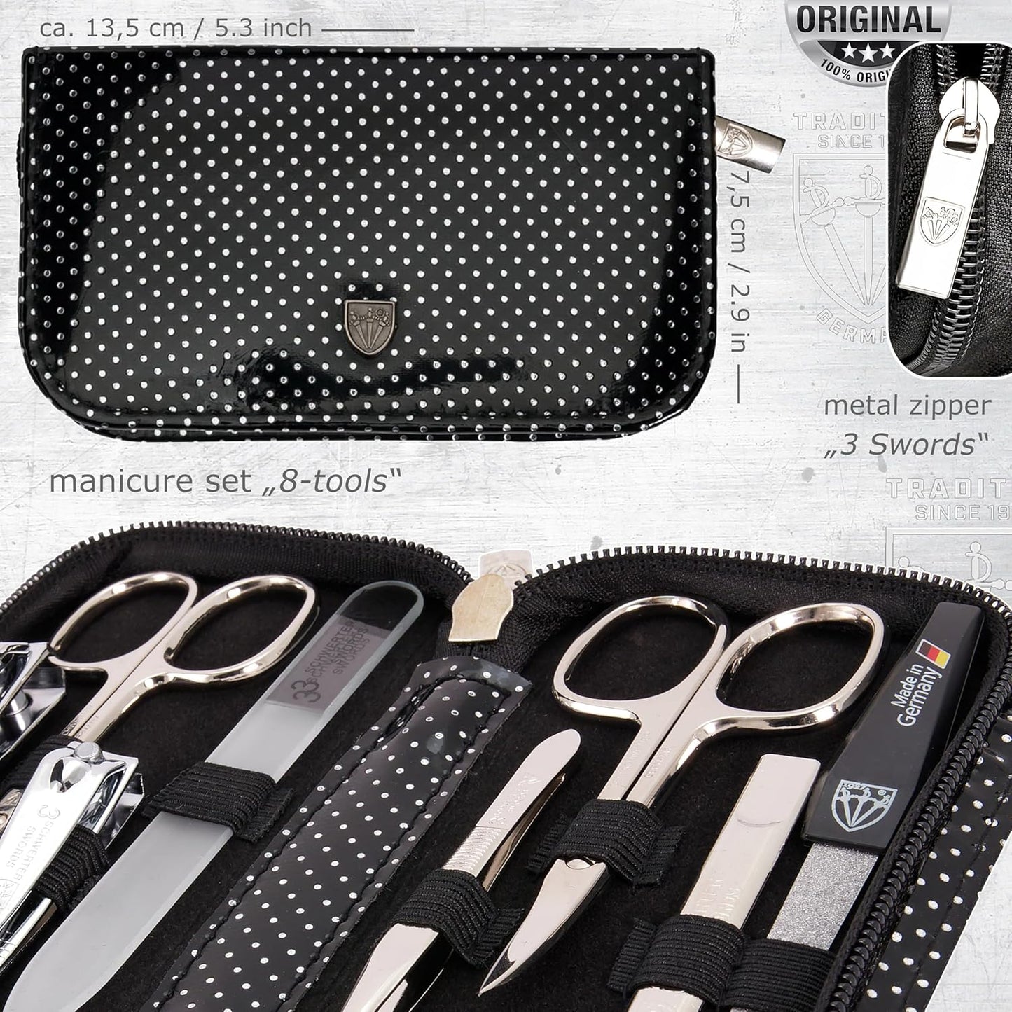 3 Swords Germany - brand quality 8 piece manicure pedicure grooming kit set for professional finger & toe nail care scissors clipper fashion leather case camou in gift box, Made in Germany