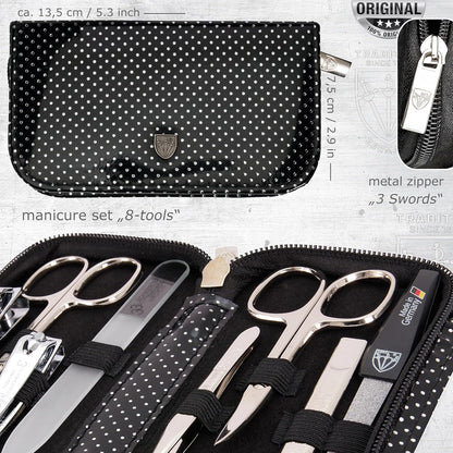 3 Swords Germany - brand quality 8 piece manicure pedicure grooming kit set for professional finger & toe nail care scissors clipper fashion leather case camou in gift box, Made in Germany