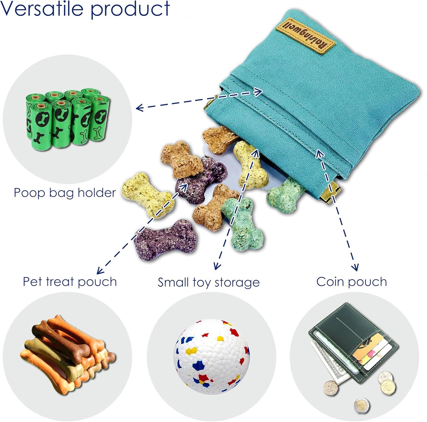 Raisingwell Dog Treat Pouch, Black Pocket Sized Pet Training Pouch, Cotton Fabric, Hand Free Dog Walking Bag with Carabiner, Self-Closing Pet Feed Snack Reward, for Pet Puppy Travel or Outdoor Use
