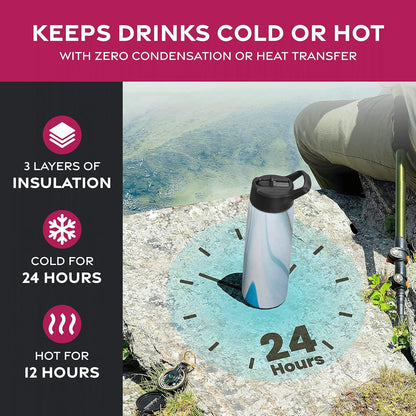 FineDine Water Bottle - Stainless Steel Insulated Water Bottle with Straw Lid, Flip Lid & Wide-Mouth Cap - Keeps Hot and Cold - 25 Oz / 739ml - Pure Pearly White