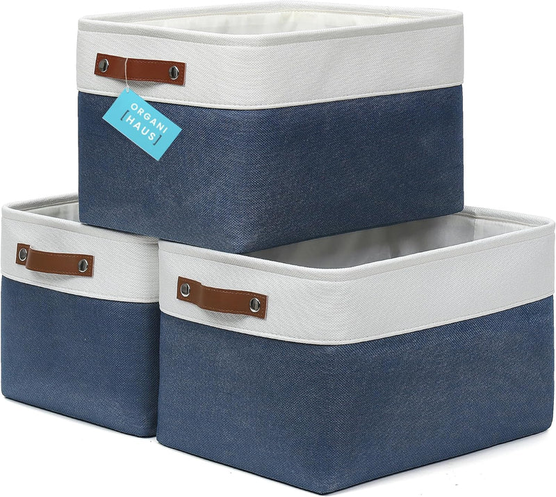 OrganiHaus Large Fabric Storage Baskets for Shelves 3 Pack, 15x11in Closet Storage Bins for Shelves, Cloth Baskets, Fabric Storage Cubes, Linen Closet Organizers, Fabric Basket, White Basket