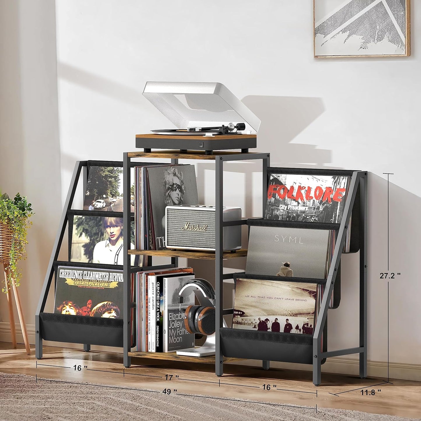 Record Player Stand with Vinyl Storage, Record Player Table with Record Storage 200 Albums, Turntable Stand with Record Holder Vinyl Display Shelf, Record Cabinet Media Stereo (White) - PuriLite