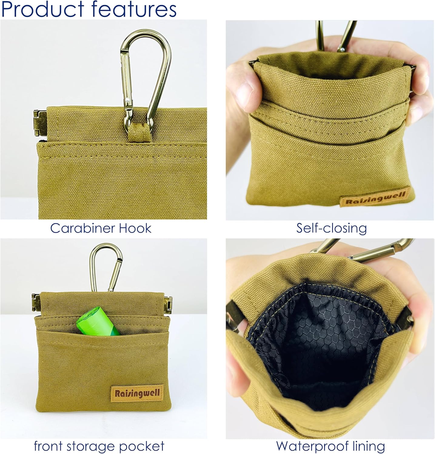 Raisingwell Dog Treat Pouch, Black Pocket Sized Pet Training Pouch, Cotton Fabric, Hand Free Dog Walking Bag with Carabiner, Self-Closing Pet Feed Snack Reward, for Pet Puppy Travel or Outdoor Use
