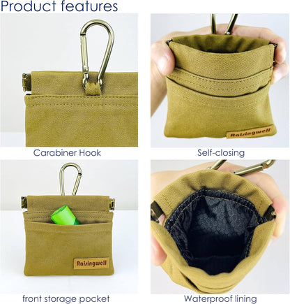 Raisingwell Dog Treat Pouch, Black Pocket Sized Pet Training Pouch, Cotton Fabric, Hand Free Dog Walking Bag with Carabiner, Self-Closing Pet Feed Snack Reward, for Pet Puppy Travel or Outdoor Use