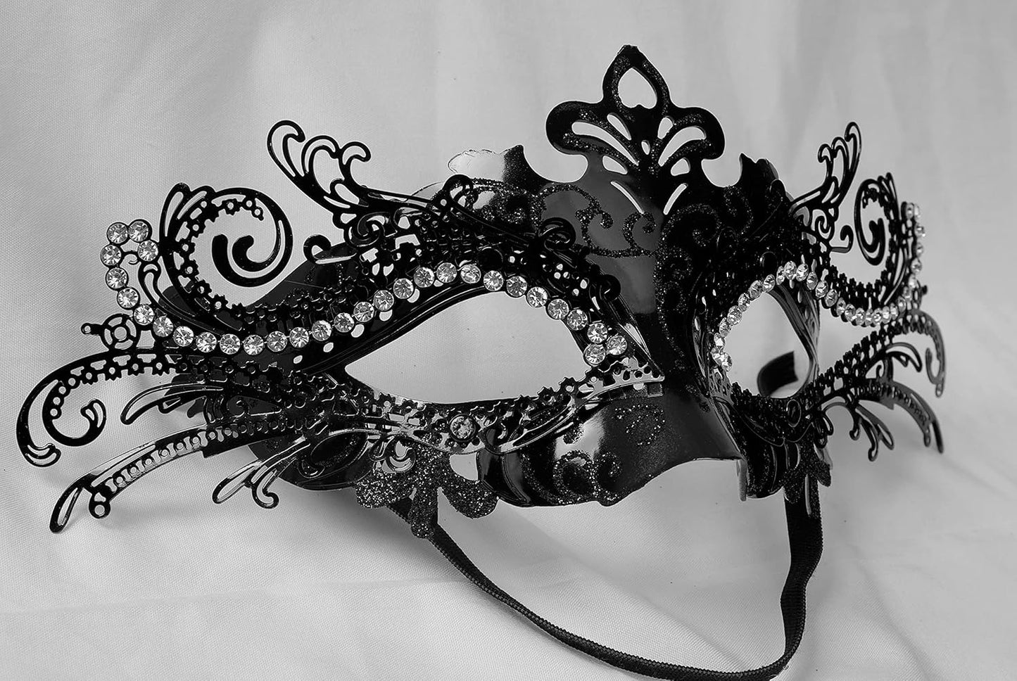 DIOLUF Masquerade Mask for Women Metal Mask Shiny Rhinestone Venetian Party Evening Prom Ball Mask Bar Costumes Accessory, Black and White, 9.05in**3.54in*3.14in