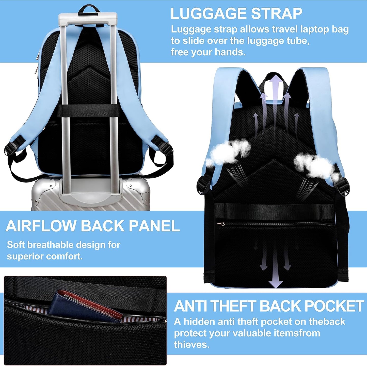 Laptop Backpack for Women Men, Water Resistant Travel Work Backpacks Purse Stylish College Business Teacher Nurse Computer Bag, Fits 17.3" Laptop Light Blue