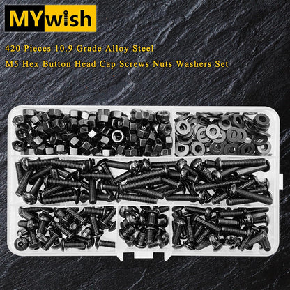Mywish 900Pcs Metric Screw Assortment, M3 M4 M5 M6 Screw Assortment Kit 304 Stainless Steel Hex Socket Button Head Socket Cap Metric Screws Bolts & Flat Washers/Nuts/Hex Wrenches 16 Sizes 8MM to 20MM