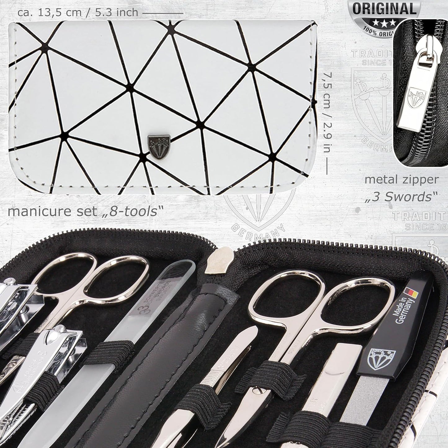 3 Swords Germany - brand quality 8 piece manicure pedicure grooming kit set for professional finger & toe nail care scissors clipper fashion leather case camou in gift box, Made in Germany