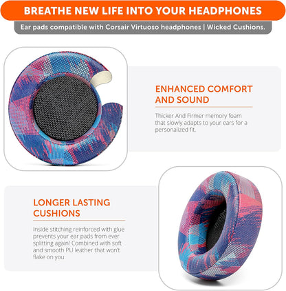 WC Upgraded Replacement Earpads for Corsair Virtuoso RGB Wireless Gaming Headset Made by Wicked Cushions | Improved Durability, Thickness, Softer Leather, and Sound Isolation | (Geo Grey)