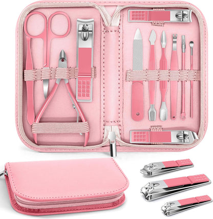 Manicure Pedicure Set, Nail Clipper Set for Men Women, Professional Manicure Kit Pedicure Kit, Nail Care Kit with Green Travel Leather Bag, Set 12 in 1