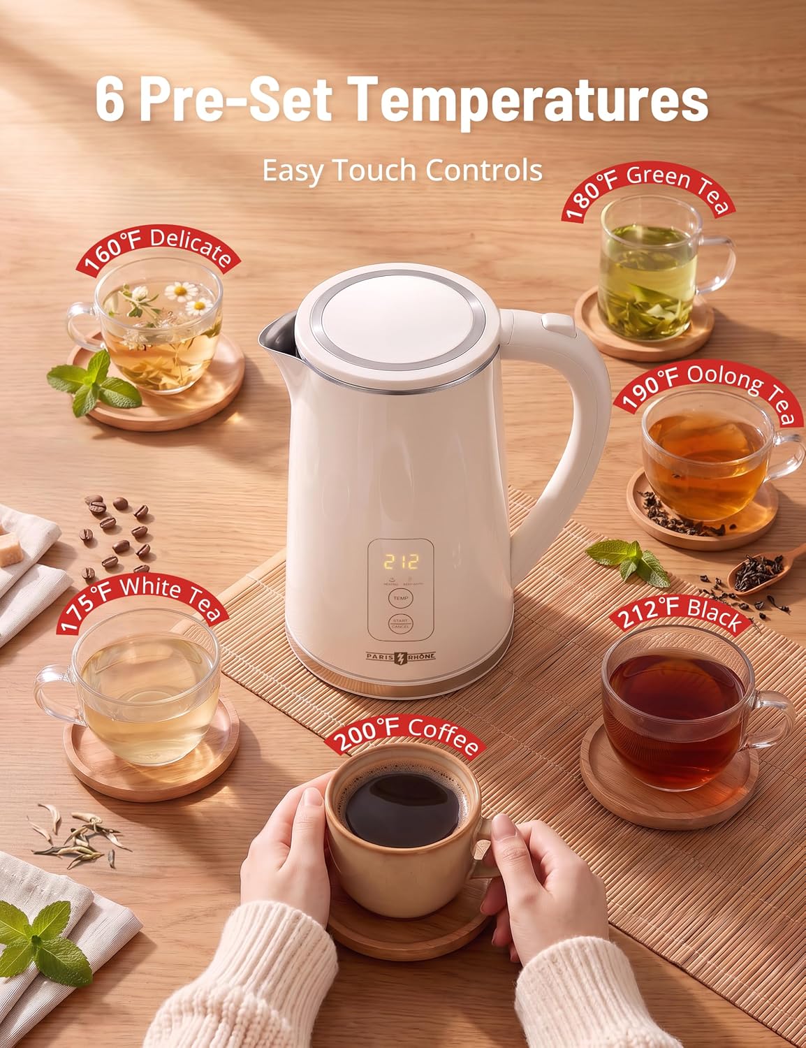 Electric Kettle, 1.7L Capacity 6 Temperature Settings Cordless Water Heater