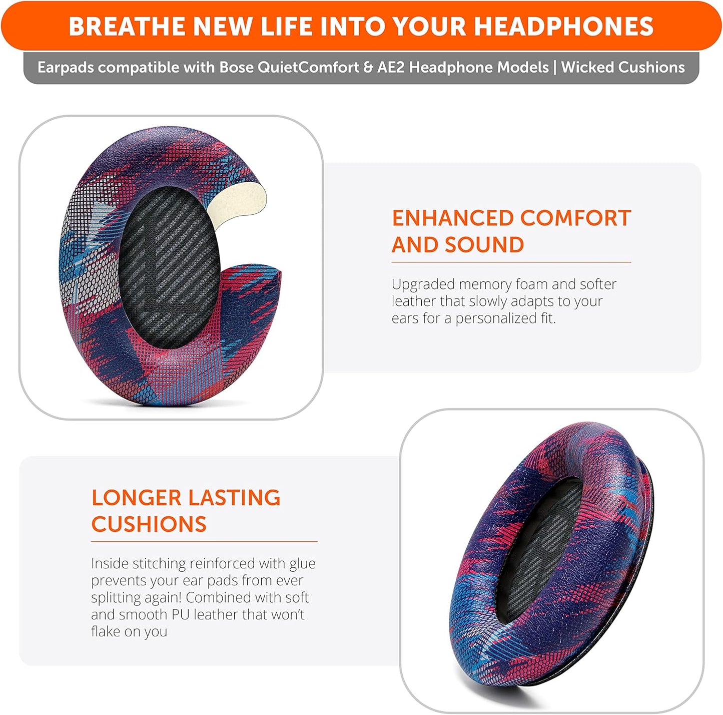 WC Wicked Cushions Upgraded Replacement Ear Pads for Bose QC35 & QC35ii (QuietComfort 35) Headphones & More - Softer Leather, Luxurious Memory Foam, Added Thickness, Extra Durability | Midnight Blue