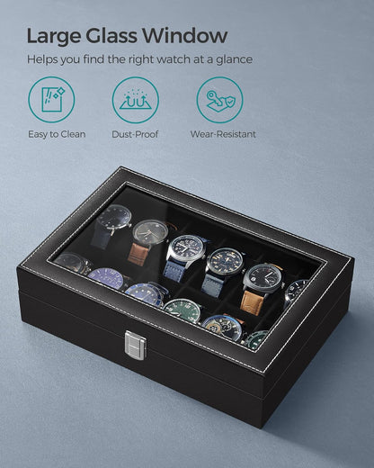SONGMICS Watch Box, 6-Slot Watch Case, Watch Box Organizer, Black Synthetic Leather, Greenish Gray Lining UJWB06BK
