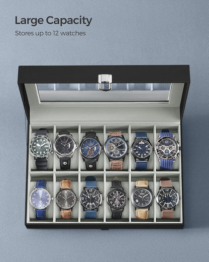 SONGMICS Watch Box, 6-Slot Watch Case, Watch Box Organizer, Black Synthetic Leather, Greenish Gray Lining UJWB06BK