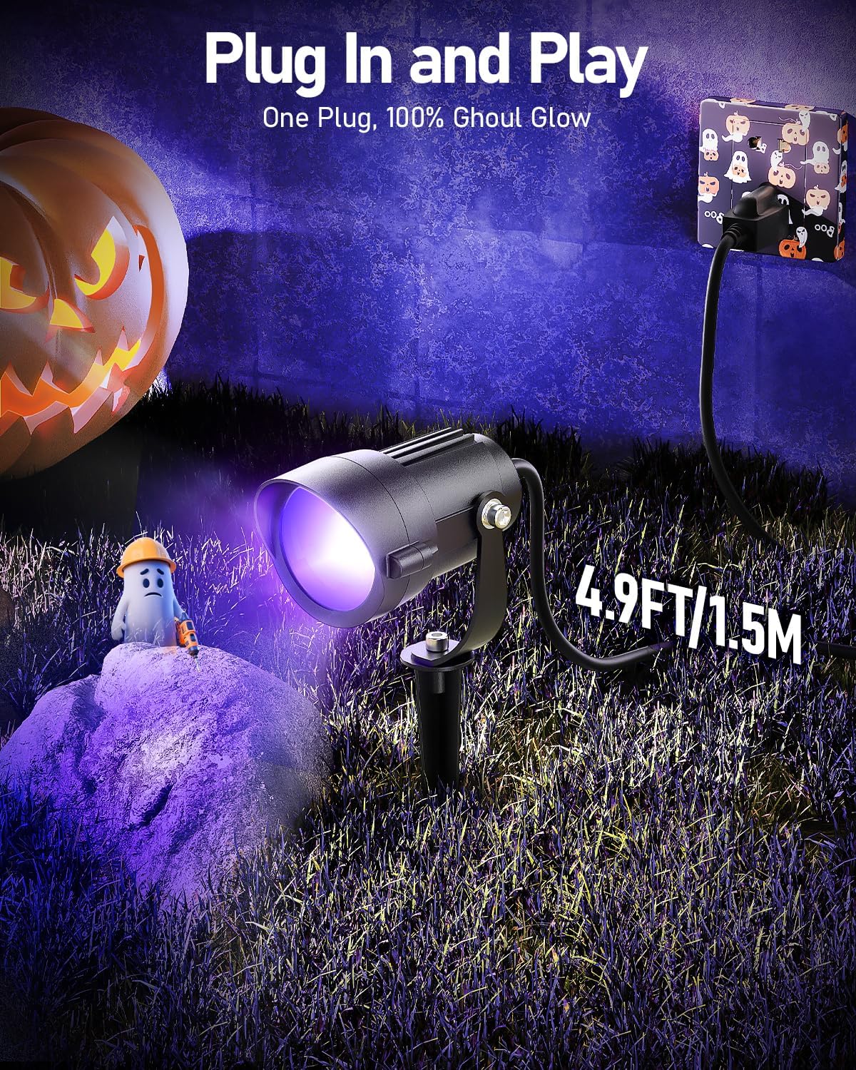 HIBOITEC 12W Halloween Black Light Spotlight Outdoor 1Pack IP65 Waterproof LED Spot Lights Landscape Lighting with US Plug for Glow Party Body Paint Yard Garden Decorations
