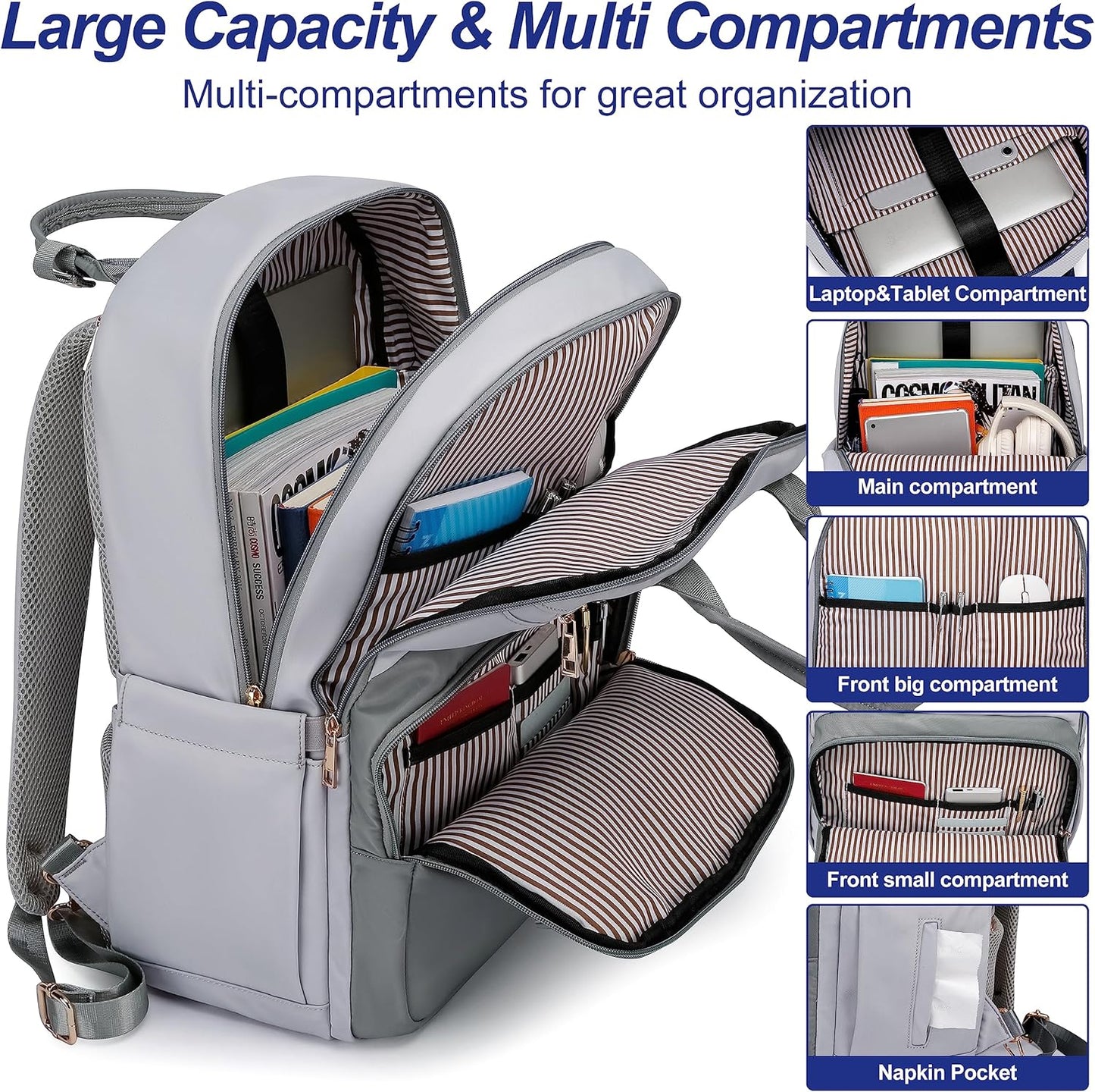 Laptop Backpack for Women Men, Water Resistant Travel Work Backpacks Purse Stylish College Business Teacher Nurse Computer Bag, Fits 17.3" Laptop Light Blue