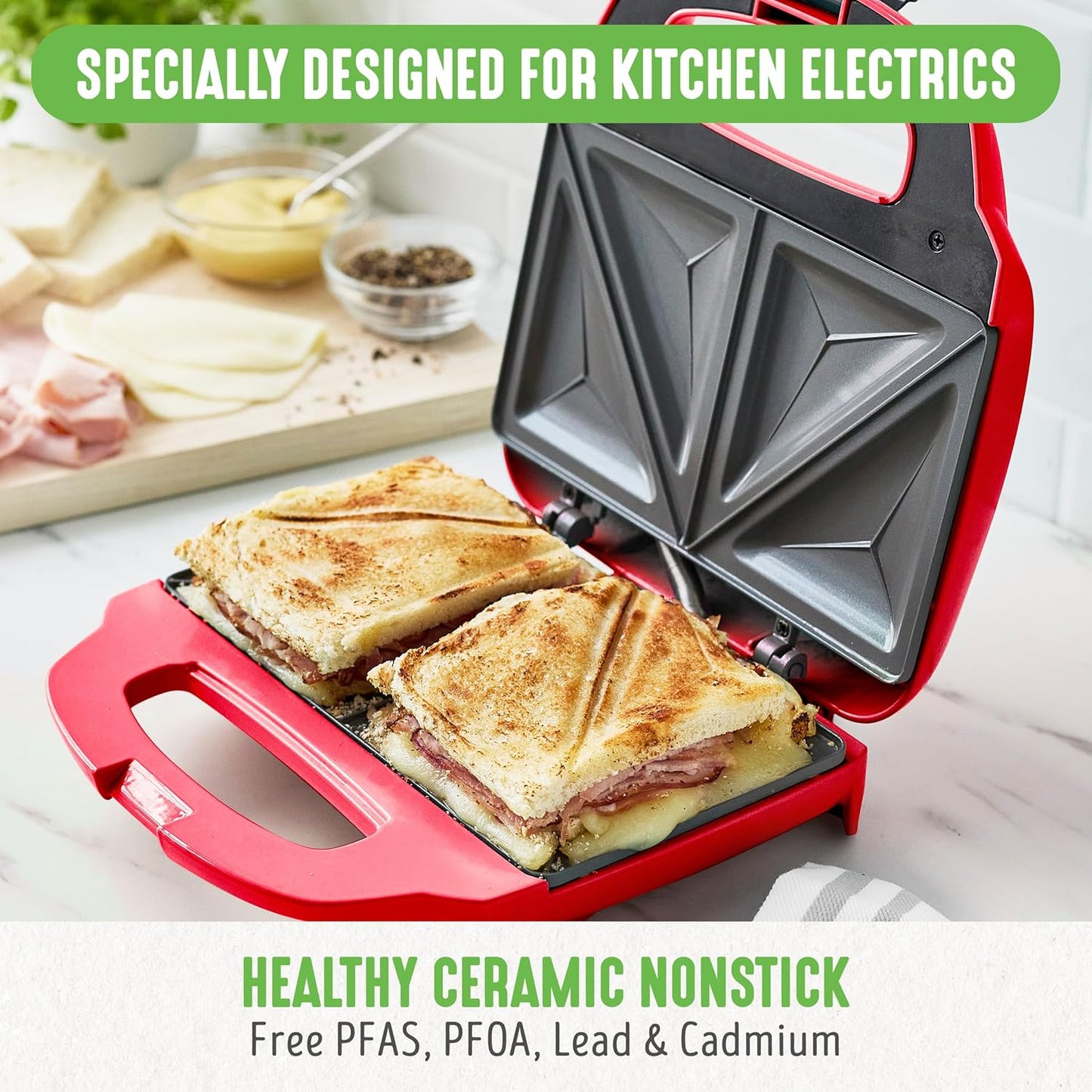 GreenLife Pro Electric Panini Press Grill and Sandwich Maker, French Toast Breakfast Sandwich and Waffle's, Healthy Ceramic Nonstick Plates,Easy Indicator Light, PFAS-Free, Red
