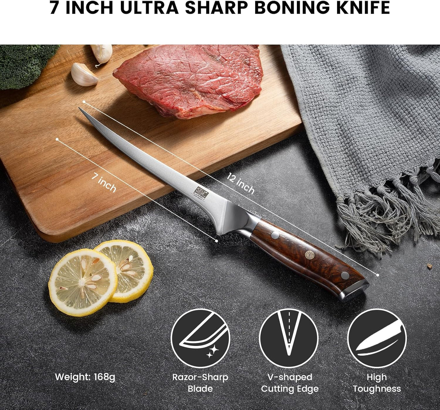 Fillet Knife 7 Inch, Ultra Sharp Meat Boning Knife in 9Cr18MoV High Carbon Steel, Professional Fish Knives with Rosewood Handle for Precise Filleting, Slicing & Trimming