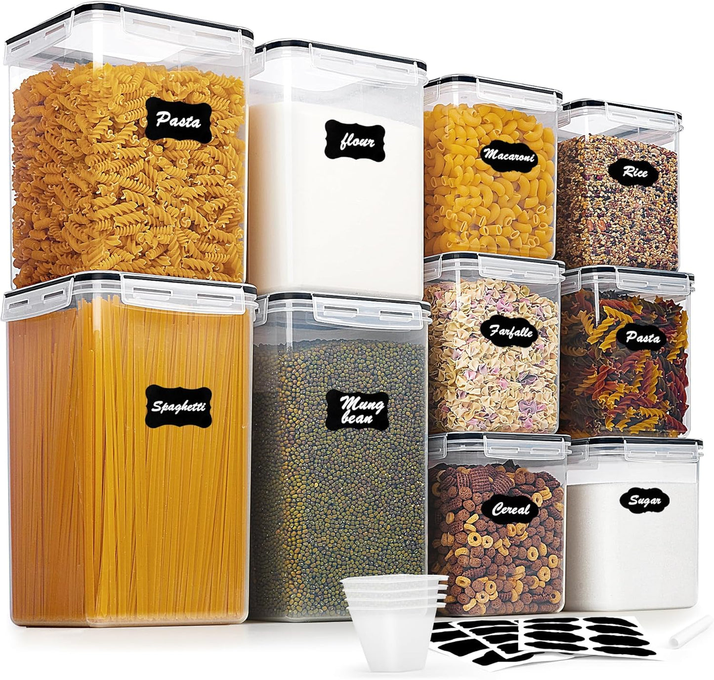 Vtopmart Extra Large Tall Airtight Food Storage Containers, 4 Pieces 6.5L Plastic Kitchen Pantry Storage Containers for Spaghetti, Flour and Baking Supplies - Include 24 Labels, Black