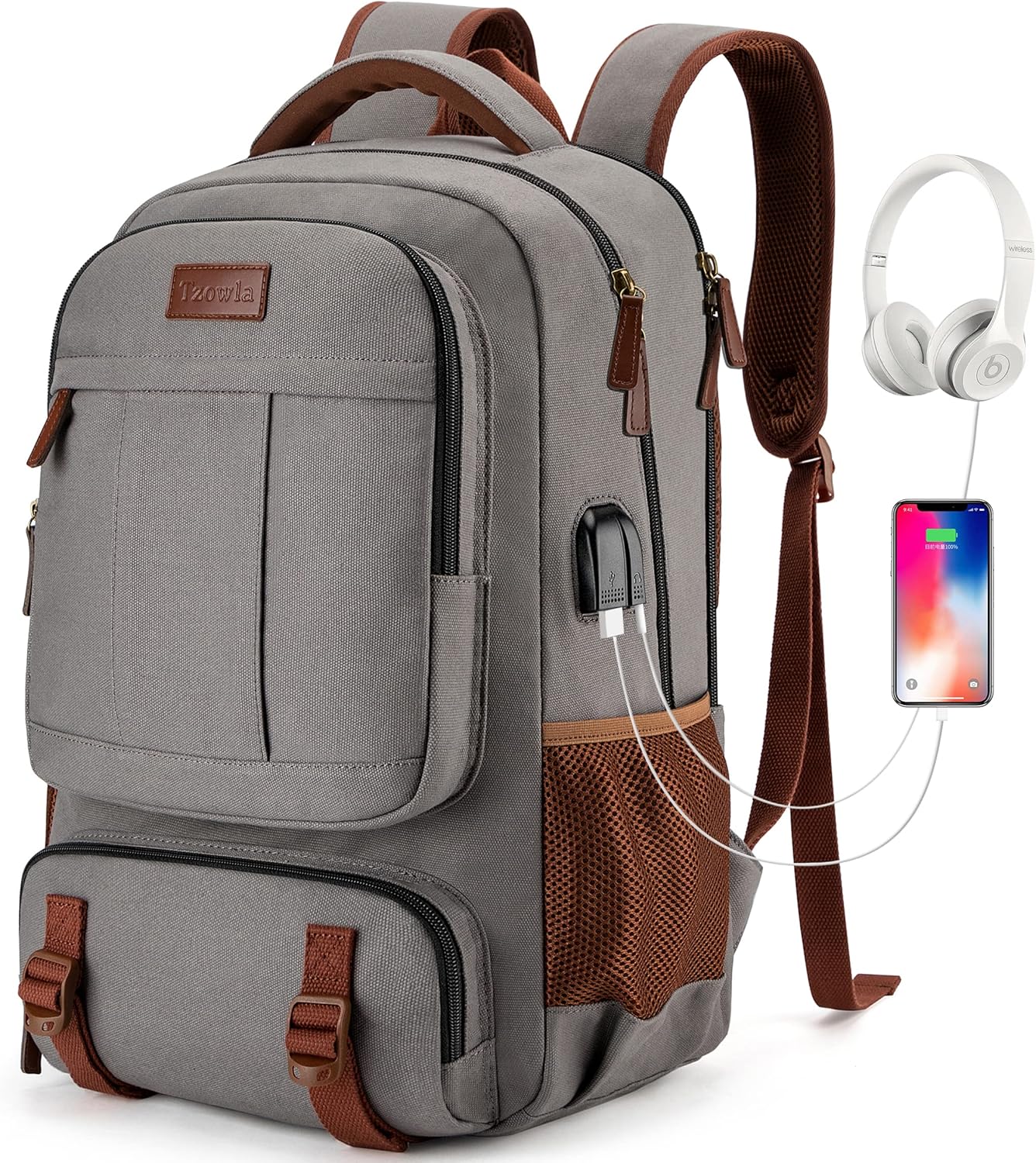 Tzowla Canvas Laptop Backpack Men,Bag for Women,School Travel College Work Rucksack Fits 15.6 Inch Laptop,Bookbag with USB Charging Port,Dark Grey