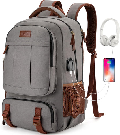 Tzowla Canvas Laptop Backpack Men,Bag for Women,School Travel College Work Rucksack Fits 15.6 Inch Laptop,Bookbag with USB Charging Port,Dark Grey