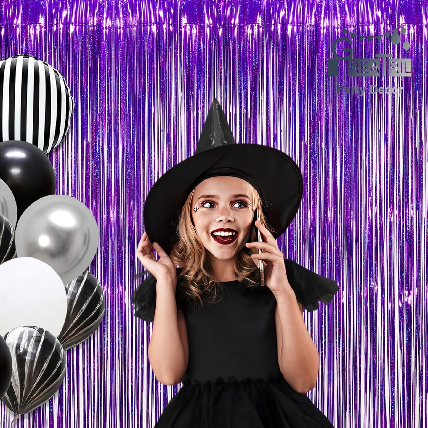GREATRIL Iridescent Party Tinsel Fringe Backdrop Decorations - Holographic Foil Streamers Curtain for Mermaid/Under The Sea/Frozen/Ocean/Disco/Birthday Themed 3.2ft x 6.5ft - 2 PCS