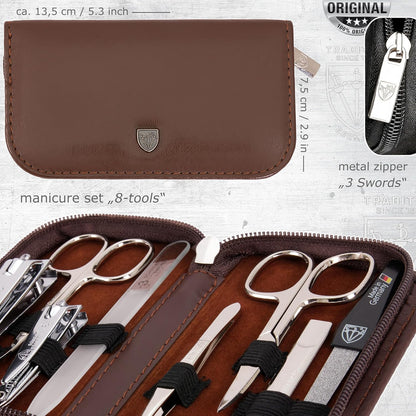 3 Swords Germany - brand quality 8 piece manicure pedicure grooming kit set for professional finger & toe nail care scissors clipper fashion leather case camou in gift box, Made in Germany