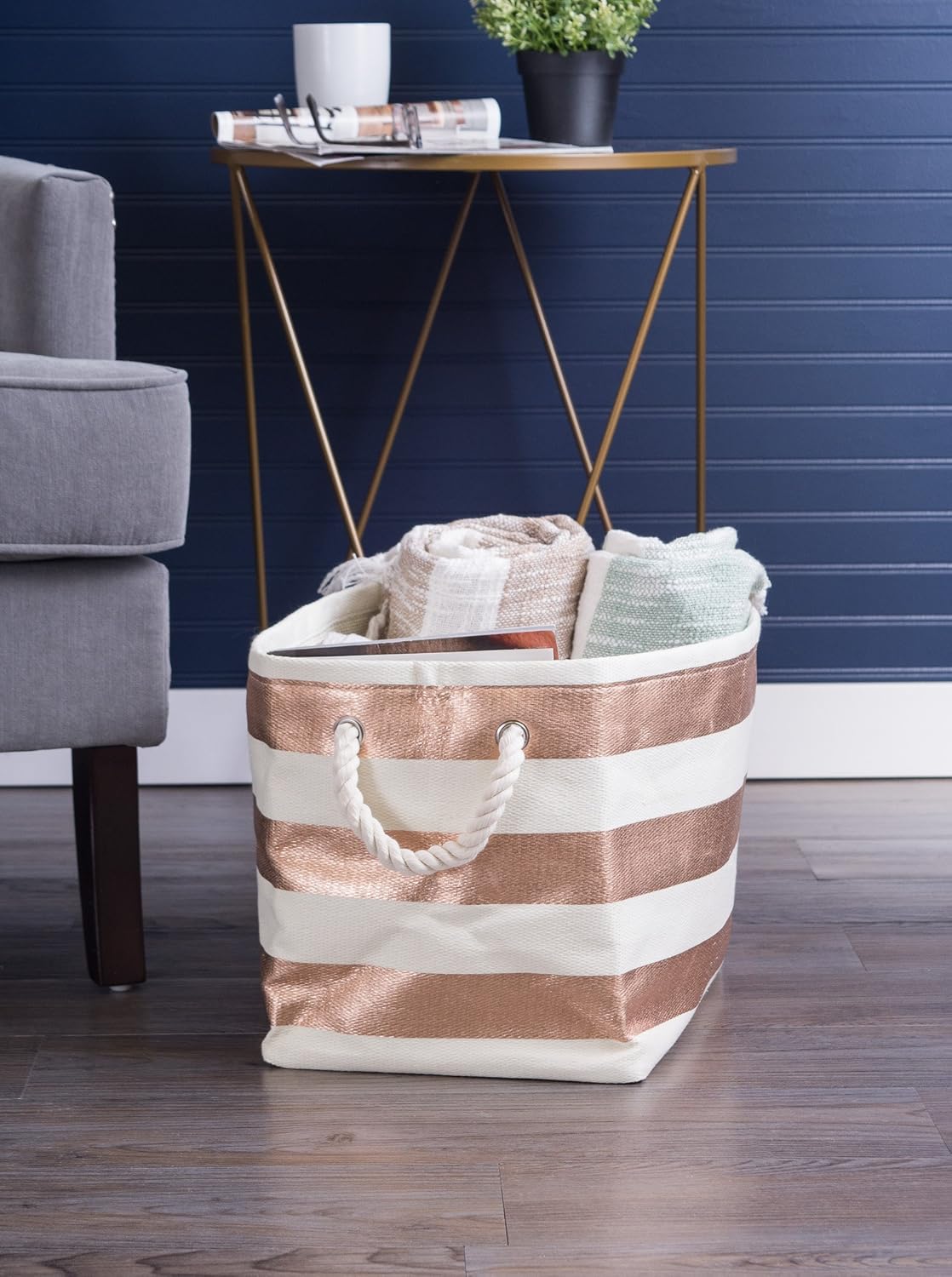 DII Storage Basket or Bin, Collapsible & Convenient Storage Solution for Office, Bedroom, Closet, Toys, Laundry (Large) - Pink Rugby Stripe