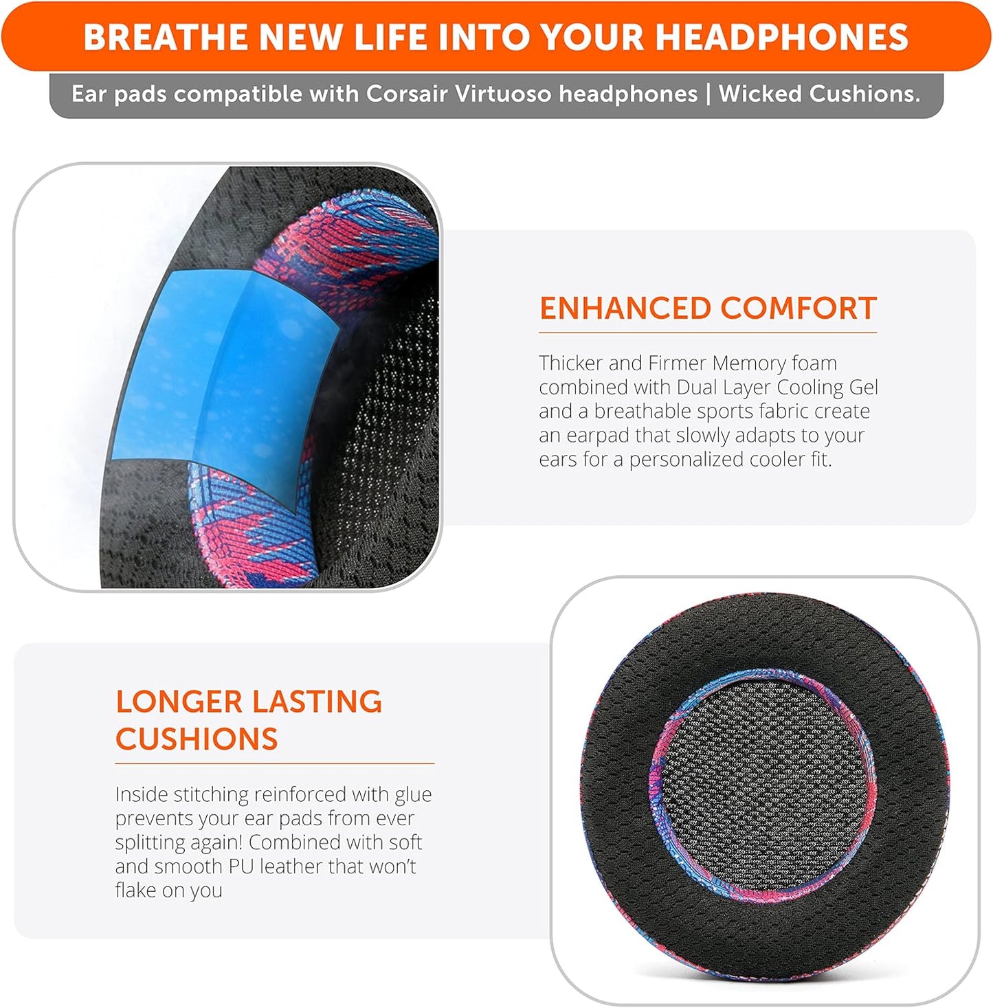 WC Freeze Virtuoso - Hybrid Fabric Cooling Gel Replacement Earpads for Corsair Virtuoso Gaming Headset, Made by Wicked Cushions, Improved Durability, Thickness and Sound Isolation | Red Prism
