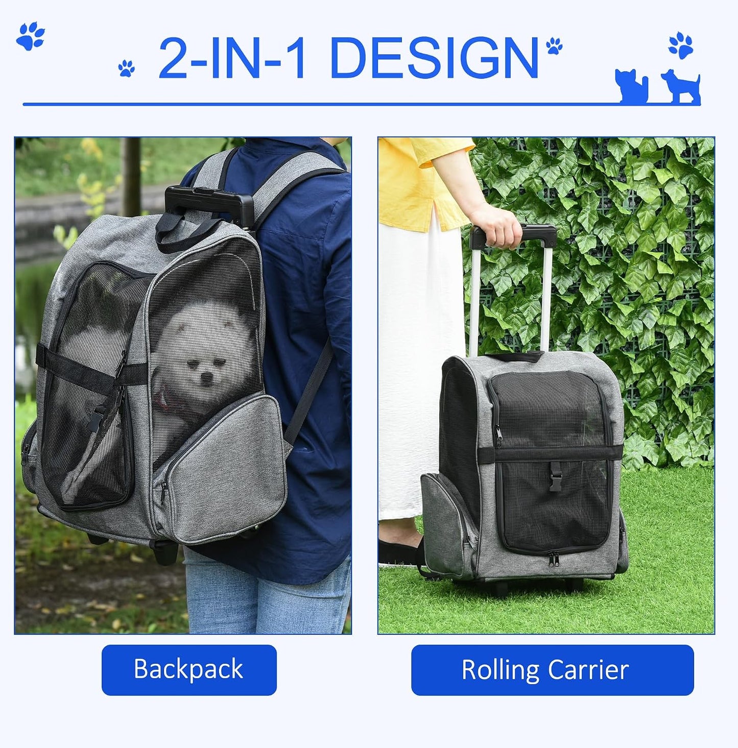 PawHut 2-in-1 Pet Luggage Box Backpack Carrier Cats Dogs w/Handle, Rolling Wheel Grey