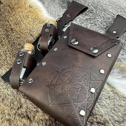 HiiFeuer Medieval Alchemy Faux Leather Belt Bag with 4 Cork Potion Vials,Fantasy Wizard Waist Pouch Side Pack for Halloween