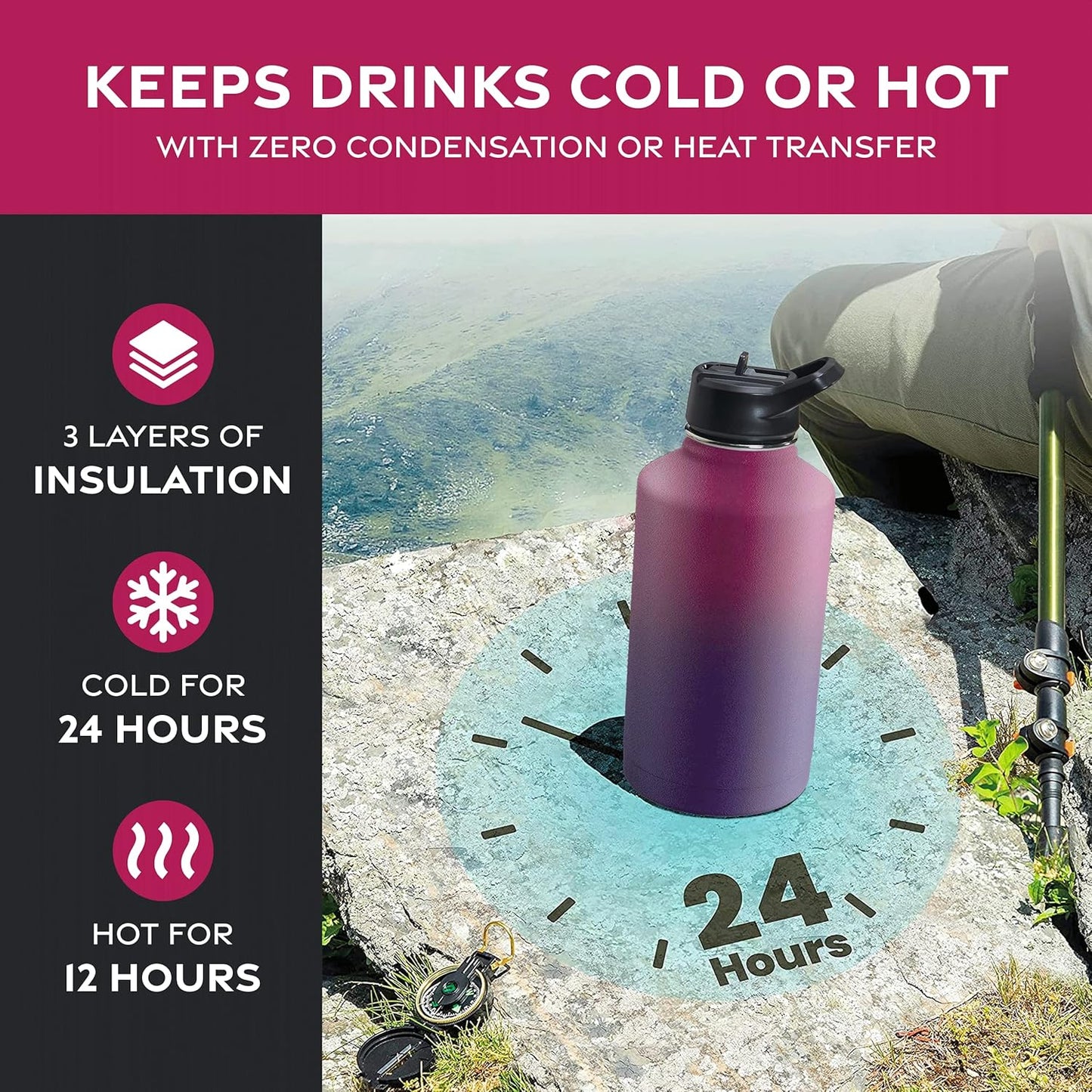 FineDine Water Bottle - Stainless Steel Insulated Water Bottle with Straw Lid, Flip Lid & Wide-Mouth Cap - Keeps Hot and Cold - 25 Oz / 739ml - Pure Pearly White