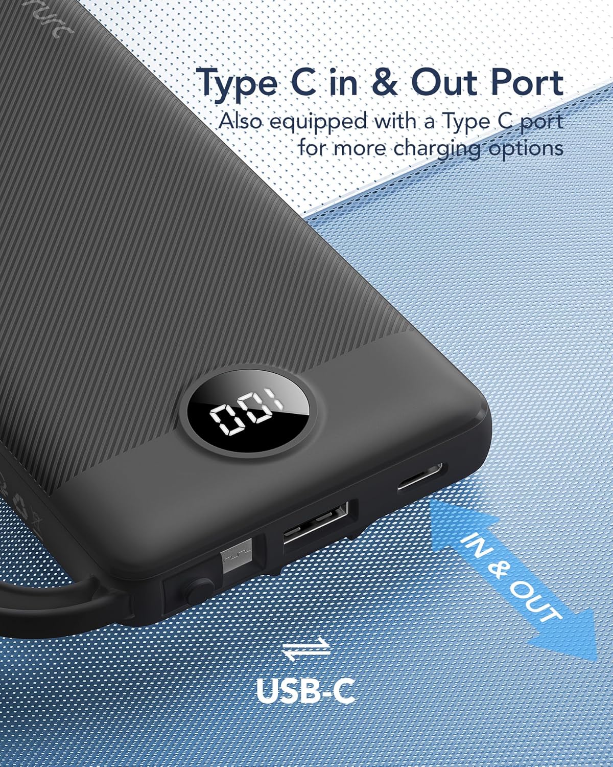 VRURC 10000mAh Power Bank Built-in Cables, Portable Charger with LED Display, Slim Intelligent Travel Battery Pack with Cords, 5 Output Dual Input Phone Charger for Cell Phone Smart Devcies-Blue