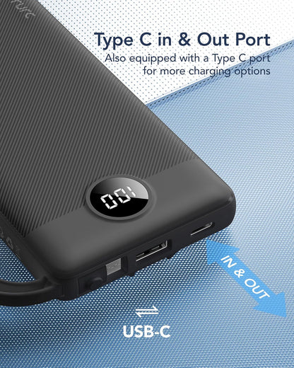 VRURC 10000mAh Power Bank Built-in Cables, Portable Charger with LED Display, Slim Intelligent Travel Battery Pack with Cords, 5 Output Dual Input Phone Charger for Cell Phone Smart Devcies-Blue