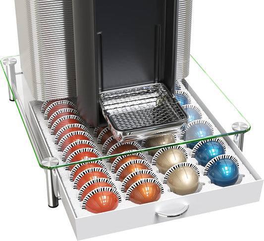 DecoBrothers Vertuo Pod Holder VertuoLine Drawer Storage for Nespresso Coffee Capsules, Crystal Tempered Glass, White