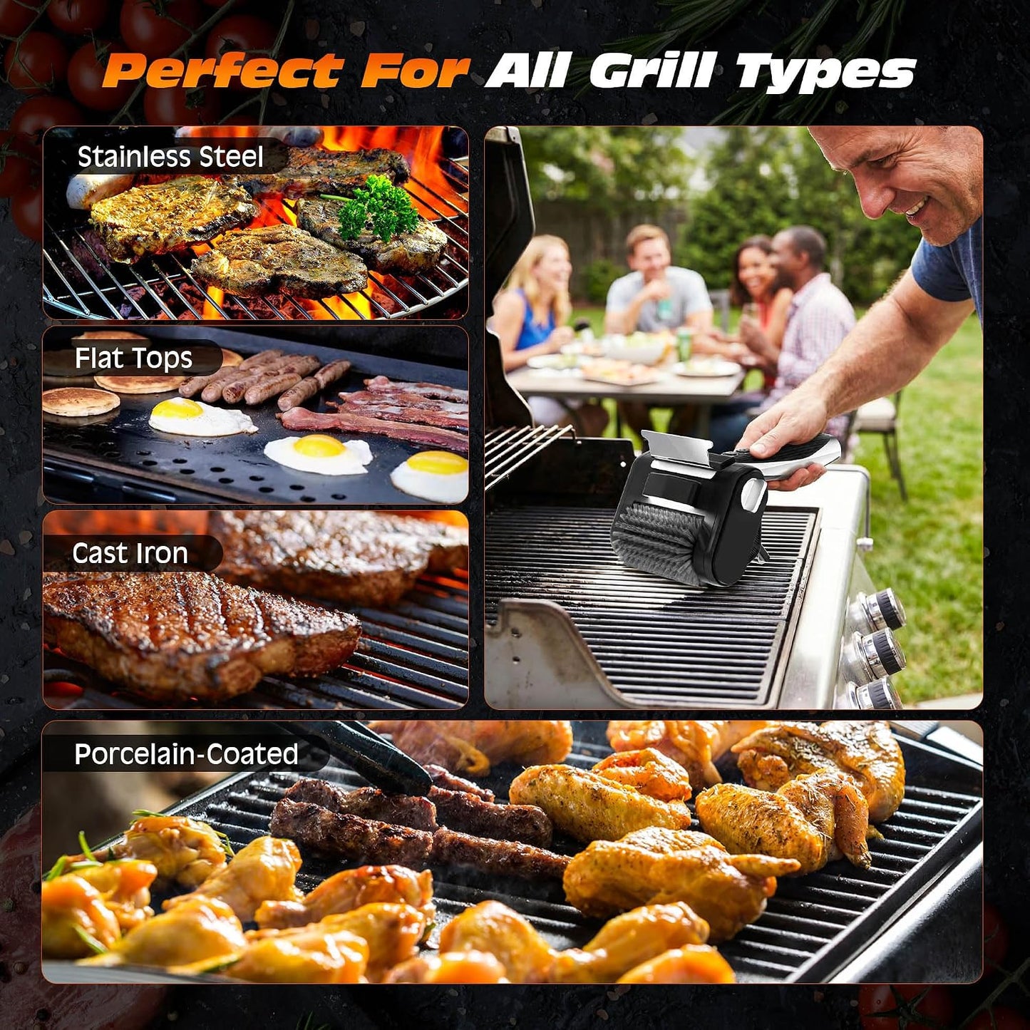 Electric Grill Brush with LED Light, Efficient Grill Cleaning Brush with 350 RPM Stainless Power Roller, Grill Brush Bristle Free Blasts Away Burnt-On Food for Gas/Charbroil Grates (Black)